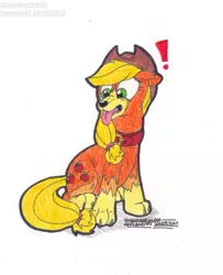 Size: 717x881 | Tagged: safe, artist:artistnjc, banned from derpibooru, deleted from derpibooru, derpibooru import, applejack, dog, appledog, claws, collar, dogified, exclamation point, image, jpeg, paws, redraw, simple background, sitting, solo, species swap, surprised, tongue out, traditional art, transformation