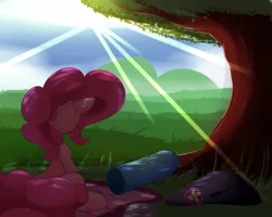 Size: 2500x2000 | Tagged: safe, artist:madacon, derpibooru import, pinkie pie, earth pony, pony, atg 2016, blanket, cloud, crepuscular rays, female, mare, newbie artist training grounds, party cannon, rear view, rock, shade, sitting, sky, solo, sun, tree, wrench