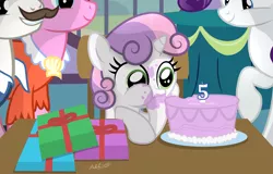 Size: 3062x1960 | Tagged: safe, artist:shutterflyeqd, derpibooru import, cookie crumbles, hondo flanks, rarity, sweetie belle, pony, unicorn, 5-year-old, 5-year-old sweetie belle, birthday, birthday cake, cake, clothes, cookieflanks, cute, dessert, diasweetes, eating, family, female, filly, food, grin, hoof hold, mare, messy eating, plate, present, puffy cheeks, raised hoof, rarity's parents, smiling, stuffing