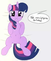 Size: 1000x1184 | Tagged: safe, artist:dopeedit, derpibooru import, twilight sparkle, pony, unicorn, bed, belly button, implied belly rubs, moral event horizon, on back, pure unfiltered evil, sad, simple background, solo, speech bubble, text, unicorn twilight, why, you monster