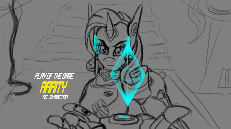 Size: 1920x1080 | Tagged: anthro, artist:reactorguardian, crossover, derpibooru import, diamond, hologram, overwatch, play of the game, rarity, safe, sketch, symmetra