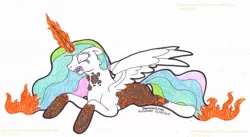 Size: 1024x560 | Tagged: safe, artist:artistnjc, deleted from derpibooru, derpibooru import, nightmare star, princess celestia, oc, oc:solar flare, alicorn, pony, corrupted, crying, ethereal mane, fire, magma, mane of fire, prone, sharp teeth, simple background, solo, tears of pain, traditional art, transformation