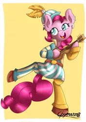 Size: 1380x1950 | Tagged: safe, artist:clayman778, derpibooru import, pinkie pie, earth pony, pony, dungeons and discords, bard, bard pie, bipedal, clothes, ear piercing, earring, fantasy class, female, jewelry, mare, piercing, simple background, solo, ukulele