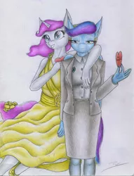 Size: 1957x2563 | Tagged: anthro, anthro oc, artist:sinaherib, derpibooru import, duo, duo female, female, hearts and hooves day, oc, oc:amber earring, oc:rainfall, offspring, parent:fancypants, parent:rainbow dash, parent:rarity, parent:soarin', parents:raripants, parents:soarindash, safe, traditional art, unamused, unofficial characters only