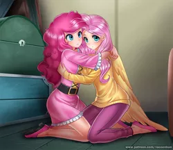 Size: 926x800 | Tagged: artist:racoonsan, belt, buckball season, clothes, cute, derpibooru import, diapinkes, duo, female, fluttershy, frightened, hug, human, humanized, large wings, pants, patreon, pinkie pie, safe, scene interpretation, shyabetes, sweater, sweatershy, winged humanization