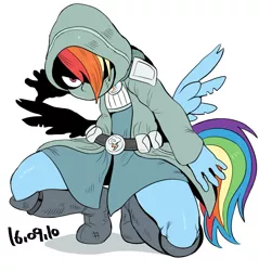 Size: 944x989 | Tagged: anthro, artist:nekubi, belt, boots, cloak, clothes, crouching, derpibooru import, dungeons and discords, female, hood, knee-high boots, mask, pegasus, plantigrade anthro, rainbow dash, rainbow rogue, safe, simple background, solo, white background