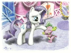 Size: 3380x2535 | Tagged: safe, artist:michiito, derpibooru import, derpy hooves, rarity, spike, pegasus, pony, blushing, carousel boutique, cute, eyes closed, female, grin, mare, mirror, petting, pixiv, reflection, smiling, spikelove, traditional art