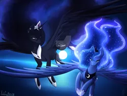 Size: 1280x960 | Tagged: safe, artist:katiefrog217, derpibooru import, princess luna, oc, alicorn, pony, alicorn oc, flying, moon, watermark