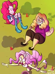 Size: 3000x4000 | Tagged: safe, artist:rodscorpion, derpibooru import, fluttershy, pinkie pie, bronycon 2016, equestria girls, andrea libman, boots, breasts, cleavage, clothes, cute, female, high heel boots, high heels, shoes, skirt, socks, tanktop, trampoline, voice actor