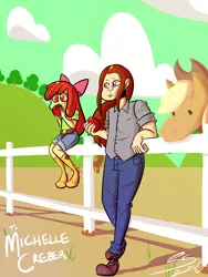 Size: 3000x4000 | Tagged: safe, artist:rodscorpion, derpibooru import, apple bloom, applejack, bronycon 2016, equestria girls, boots, bow, clothes, jeans, michelle creber, pants, red hair, shirt, shoes, voice actor