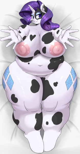 Size: 1002x1920 | Tagged: anthro, areola, artist:braffy, bbw, big areola, big breasts, big nipples, both cutie marks, breasts, busty rarity, chubby, cow, derpibooru import, fat, female, huge breasts, hug request, large butt, looking at you, nipples, nudity, obese, on bed, outstretched arms, questionable, raricow, raritubby, rarity, smiling, solo, solo female, species swap, thighs, unguligrade anthro, wide hips