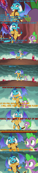 Size: 1280x5760 | Tagged: absurd resolution, armor, bloodstone scepter, comic, derpibooru import, dragon, dragon lord ember, edit, garble, implied garble, implied oc, princess ember, safe, screencap comic, spike, text, text edit