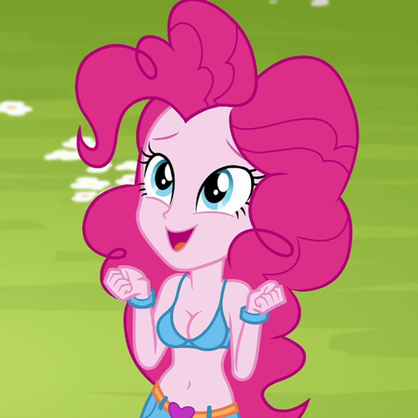 Size: 720x720 | Tagged: suggestive, derpibooru import, edit, edited screencap, editor:ah96, screencap, pinkie pie, equestria girls, legend of everfree, belly button, blue underwear, bra, breast edit, breasts, busty pinkie pie, cleavage, clothes, denim, female, looking at you, midriff, shorts, underwear, underwear edit