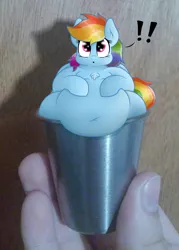 Size: 1223x1709 | Tagged: safe, artist:dullpoint, derpibooru import, rainbow dash, pony, belly button, chest fluff, chubby, cup, cup of pony, exclamation point, fat, hand, irl, large belly, micro, obese, photo, ponies in real life, rainblob dash, tiny ponies