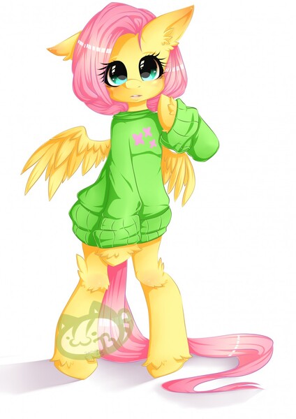 Size: 905x1280 | Tagged: artist:erdbeerjoghurt, blushing, bottomless, clothes, cute, derpibooru import, fluttershy, looking at you, partial nudity, safe, semi-anthro, shyabetes, simple background, solo, sweater, sweatershy, watermark