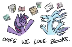 Size: 1000x665 | Tagged: artist:romaniz, book, crossover, dark souls, derpibooru import, open mouth, safe, seath the scaleless, simple background, smiling, that pony sure does love books, twilight sparkle, white background