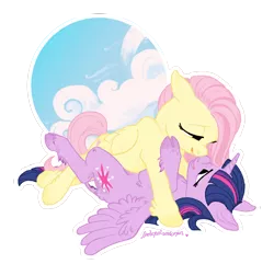 Size: 1280x1234 | Tagged: suggestive, artist:spectralunicorn, derpibooru import, fluttershy, twilight sparkle, twilight sparkle (alicorn), alicorn, classical unicorn, pegasus, pony, boop, cloud, cloven hooves, ear fluff, eye contact, female, fluffy, leg fluff, leonine tail, lesbian, lidded eyes, looking at each other, mare, nose wrinkle, noseboop, on back, on top, open mouth, shipping, simple background, smiling, tail fluff, transparent background, twishy, unshorn fetlocks, wing fluff