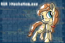 Size: 1492x1000 | Tagged: safe, artist:fillerartist, derpibooru import, oc, oc:cream heart, unofficial characters only, pony, robot, robot pony, binary, command, error, glitch, lip bite, solo, text