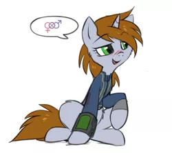 Size: 781x694 | Tagged: safe, artist:hioshiru, derpibooru import, edit, oc, oc:littlepip, unofficial characters only, pony, unicorn, fallout equestria, fanfic, bi-curious, bisexuality, blushing, cheek fluff, clothes, cute, fanfic art, female, flirting, fluffy, hooves, horn, littlepip's suggestions, mare, meme, open mouth, pipbuck, pride, simple background, solo, vault suit, white background