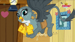 Size: 500x281 | Tagged: safe, derpibooru import, screencap, gabby, gryphon, the fault in our cutie marks, animated, butt shake, cute, flying, gabbybetes, gif, lantern, mailbag, minimini, painting, plot, solo, video at source, wiggle