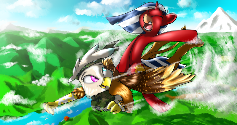 Size: 3000x1582 | Tagged: safe, artist:n-prophet, derpibooru import, oc, oc:charlene, unofficial characters only, gryphon, pony, unicorn, bandage, bandana, cloud, flying, happy, heterochromia, mountain, ponies riding griffons, riding, river