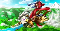 Size: 3000x1582 | Tagged: safe, artist:n-prophet, derpibooru import, oc, oc:charlene, unofficial characters only, gryphon, pony, unicorn, bandage, bandana, cloud, flying, happy, heterochromia, mountain, ponies riding griffons, riding, river