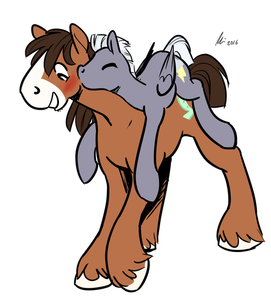 Size: 1242x1398 | Tagged: safe, artist:rwl, derpibooru import, thunderlane, trouble shoes, earth pony, pegasus, pony, blushing, carrying, crack shipping, eyes closed, gay, kiss on the cheek, kissing, male, ponies riding ponies, raised hoof, shipping, simple background, smiling, stallion, thundershoes, white background
