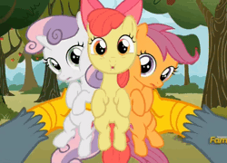 Size: 690x496 | Tagged: safe, derpibooru import, screencap, apple bloom, gabby, scootaloo, sweetie belle, earth pony, gryphon, pegasus, pony, unicorn, the fault in our cutie marks, animated, cutie mark, cutie mark crusaders, female, female pov, filly, gif, holding a pony, loop, offscreen character, out of context, pov, the cmc's cutie marks