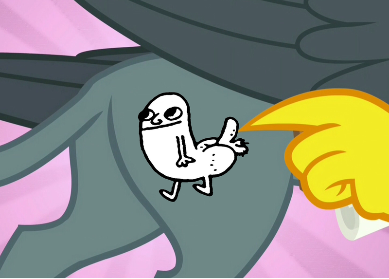 Size: 1278x915 | Tagged: questionable, derpibooru import, edit, edited screencap, screencap, gabby, gryphon, the fault in our cutie marks, dickbutt, meme, plot, pointing