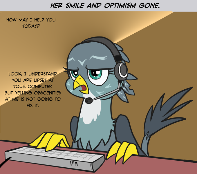 Size: 1218x1076 | Tagged: safe, artist:pencils, derpibooru import, gabby, gryphon, the fault in our cutie marks, annoyed, bad end, customer service, dialogue, female, headset, keyboard, lidded eyes, open mouth, solo, tech support, unamused