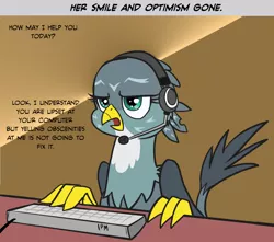 Size: 1218x1076 | Tagged: safe, artist:pencils, derpibooru import, gabby, gryphon, the fault in our cutie marks, annoyed, bad end, customer service, dialogue, female, headset, keyboard, lidded eyes, open mouth, solo, tech support, unamused