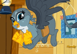 Size: 725x505 | Tagged: safe, derpibooru import, screencap, gabby, gryphon, the fault in our cutie marks, animated, butt shake, cute, flying, gabbybetes, gif, lantern, loop, mailbag, painting, plot, solo, wiggle