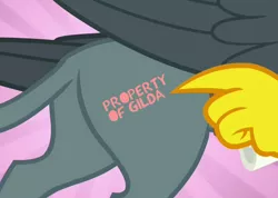 Size: 1280x912 | Tagged: suggestive, derpibooru import, edit, edited screencap, screencap, gabby, gryphon, the fault in our cutie marks, branding, implied gilda, meme, plot, pointing, solo