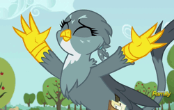 Size: 770x488 | Tagged: safe, derpibooru import, screencap, gabby, gryphon, the fault in our cutie marks, animated, cute, eyes closed, gabbybetes, gif, jazz hands, jazz talons, loop, solo