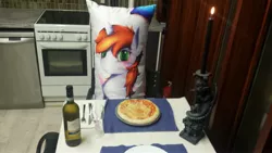 Size: 3264x1836 | Tagged: safe, derpibooru import, oc, oc:littlepip, unofficial characters only, pony, unicorn, fanfic, blushing, body pillow, candle, dinner, fanfic art, female, food, horn, irl, lonely, mare, photo, pizza, solo, waifu, waifu dinner