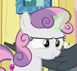 Size: 548x499 | Tagged: safe, derpibooru import, screencap, sweetie belle, the fault in our cutie marks, animated, cropped, cutie mark, evil, evil eyes, evil grin, gif, glowing horn, green magic, loop, magic, magic aura, sweetie belle's magic brings a great big smile, the cmc's cutie marks