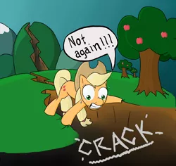 Size: 1662x1569 | Tagged: safe, artist:runbowdash, derpibooru import, applejack, earth pony, pony, apple tree, fault, female, fissure, mare, not again, ravine, solo, tree