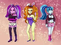 Size: 4724x3472 | Tagged: suggestive, artist:sumin6301, derpibooru import, adagio dazzle, aria blaze, sonata dusk, equestria girls, boots, bra, breasts, bunny girl, bunny suit, cleavage, clothes, evening gloves, female, garters, gloves, high heels, jacket, leotard, off shoulder, playboy bunny, ponytail, shorts, stupid sexy adagio dazzle, stupid sexy aria blaze, stupid sexy sonata dusk, the dazzlings, trio, underwear