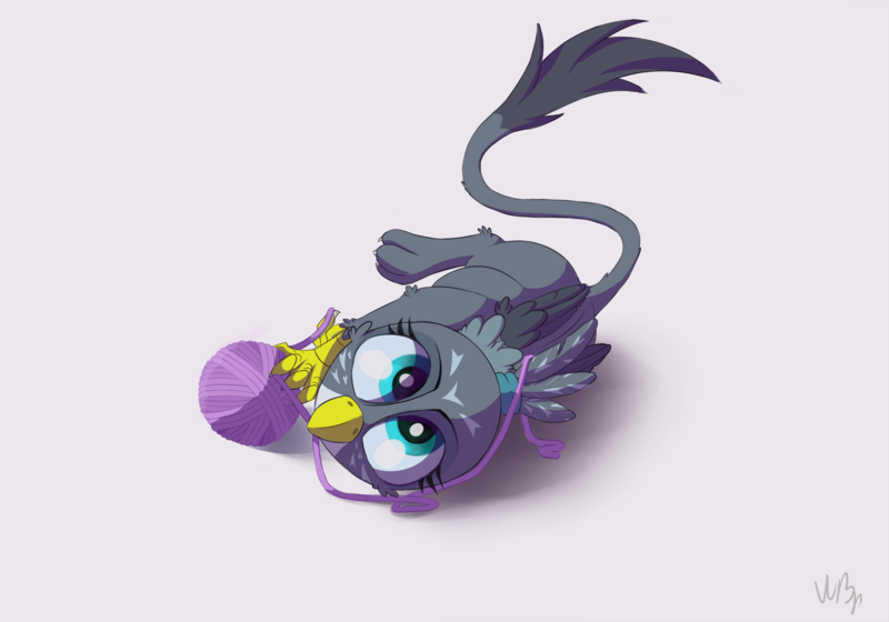 Size: 2000x1400 | Tagged: source needed, safe, artist:wbp, derpibooru import, gabby, gryphon, the fault in our cutie marks, behaving like a cat, catbird, chickub, cute, female, gabbybetes, griffons doing cat things, hatchling, image, overhead view, png, simple background, solo, yarn, yarn ball