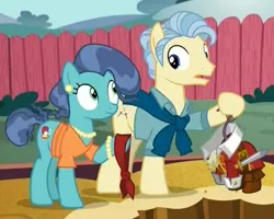 Size: 918x736 | Tagged: safe, derpibooru import, screencap, mr. paleo, mrs. paleo, pony, the fault in our cutie marks, bandana, boots, clothes, costume, ear piercing, earring, jewelry, looking at each other, necklace, piercing, pirate, pirate costume, shirt, sweater, sword, weapon