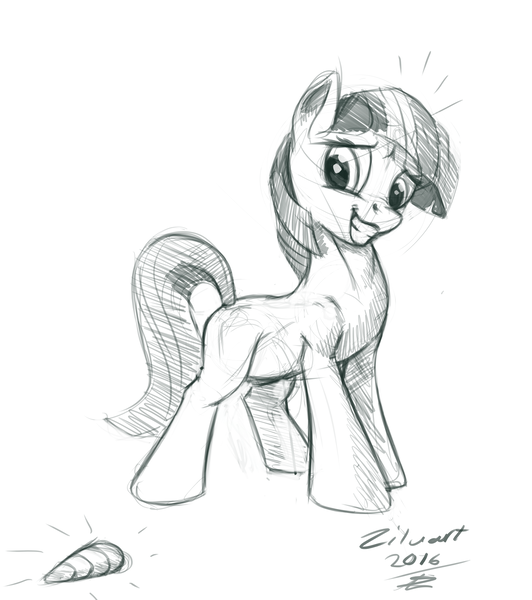 Size: 5111x5759 | Tagged: absurd resolution, artist:zilvart, blank flank, cute, derpibooru import, horn, missing horn, monochrome, safe, sketch, solo, twiabetes, twilight sparkle