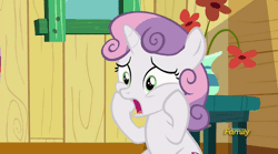 Size: 634x353 | Tagged: safe, derpibooru import, edit, edited screencap, screencap, sweetie belle, pony, robot, robot pony, unicorn, the fault in our cutie marks, animated, blue screen of death, cutie mark, discovery family logo, female, filly, gif, hooves, horn, mare, open mouth, solo, sweetie bot, teeth, the cmc's cutie marks