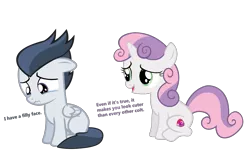 Size: 2700x1750 | Tagged: artist:lunaticdawn, colt, cutie mark, derpibooru import, dialogue, female, filly, insecure, male, rumbelle, rumble, sad, safe, shipping, simple background, source needed, straight, sweetie belle, the cmc's cutie marks, transparent background, useless source url, vector