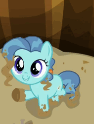 Size: 267x351 | Tagged: safe, derpibooru import, screencap, petunia paleo, pony, the fault in our cutie marks, :o, animated, cute, dirty, eyes closed, filly, gif, grin, looking at you, looking up, open mouth, petuniabetes, sitting, smiling, solo, talking, weapons-grade cute