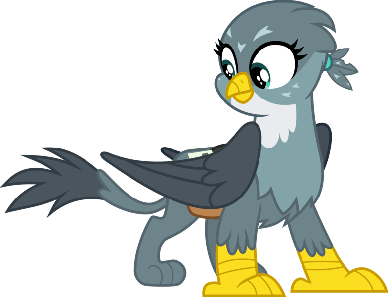 Size: 3926x3000 | Tagged: safe, artist:jeatz-axl, derpibooru import, gabby, gryphon, the fault in our cutie marks, bag, female, happy, inkscape, looking back, ponyscape, saddle bag, simple background, solo, transparent background, vector