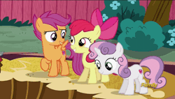 Size: 568x322 | Tagged: animated, apple bloom, cutie mark, cutie mark crusaders, derp, derpibooru import, discovery family logo, faic, gif, i didn't listen, laughing, meme, mr. paleo, mrs. paleo, petunia paleo, pirate, pirate costume, safe, scootaloo, screencap, smiling, spiny back ponysaurus, sweetie belle, sword, the cmc's cutie marks, the fault in our cutie marks, weapon
