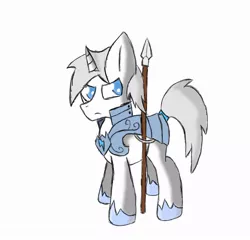 Size: 974x936 | Tagged: artist needed, safe, derpibooru import, oc, oc:silver spark, unofficial characters only, pony, blue eyes, male, royal guard, royal guard armor, solo, spear, stallion, weapon