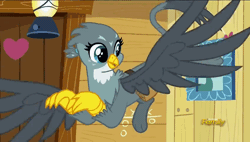 Size: 848x480 | Tagged: safe, derpibooru import, screencap, gabby, gryphon, the fault in our cutie marks, animated, cute, flying, gabbybetes, gif, happy, smiling, solo