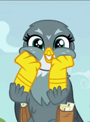 Size: 353x480 | Tagged: safe, derpibooru import, screencap, gabby, gryphon, the fault in our cutie marks, animated, cute, gabbybetes, gif, happy, reaction image, smiling, solo, squishy cheeks