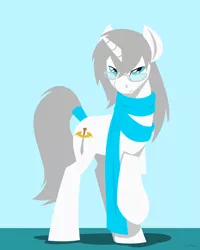 Size: 1280x1600 | Tagged: safe, artist:hoverrover, derpibooru import, oc, oc:silver spark, unofficial characters only, pony, unicorn, blue eyes, clothes, cutie mark, glasses, hooves, horn, lineless, male, raised hoof, scarf, solo, stallion, tail wrap